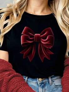 T-Shirt With A Bow Design, With A Velvet Effect But It's Printed, Ideal For Everyday Use, Eye-Catching, Modern, Loose Fit, Round Neck, Short Sleeves, Ideal For The Whole Family - 黑色 - 查看 6