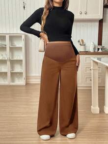 Pantalones casuales de unicolor con bolsillo para mujeres embarazadas, para uso diario - Óxido marrón - Ver 4