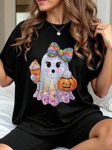 New 2026 Women's T-Shirt With Cute Pumpkin Print - Bright Design With Bow And Smiling Jack-O'-Lantern, Short Sleeve Crew Neck For Casual Wear Or Halloween Party, Spring, Summer, Autumn Costume Clothes. 1 Women's Casual Crew Neck T-Shirt With Cute White Ghost Print, Cotton Knit Fabric, Medium Stretch, Graphic Pattern, For Spring/Summer/Autumn. Women's Casual Funny Ghost Graphic Regular Fit Crew Neck Short Sleeve Spring Summer Daily Wear T-Shirt - 黑色 - 查看 6