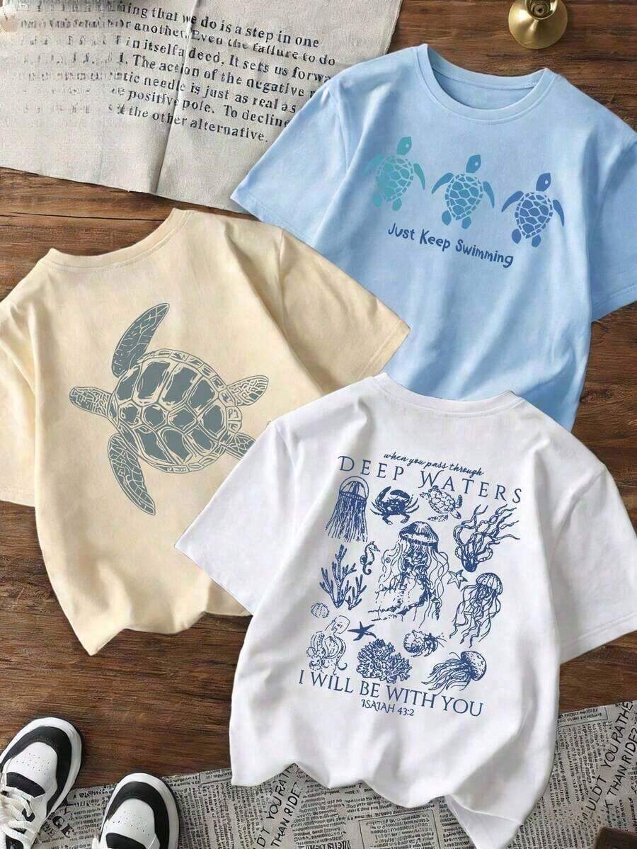 Camisetas manga corta mujer It's a single pack, not 3 pieces, it's 1 piece. Camiseta 100% Algodón con Estampado de Vida Marina en Aguas Profundas, Cuello Redondo Casual, Manga Corta, con Gráficos de Medusas, Cangrejos y Tortugas, Estampado en la Espalda con Versículo Bíblico "Estaré Contigo", Corte Holgado y Cómodo para Uso Diario. - Blanco - Ver 1