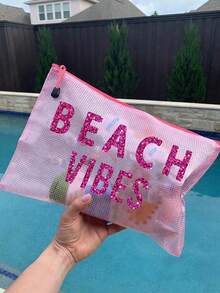Multi Colored Waterproof Fashionable Mesh Beach Bag, Makeup Bag With Colorful "Beach Atmosphere" Print, Beach Theme With Letters And Sequin Design. Large Capacity Transparent Makeup Bag, Nylon Zipper Wash Bag - Lightweight, Can Store Sunscreen, Snacks, Bikinis, And Beach Essentials. Spring And Summer Storage - Multicolor - View 4