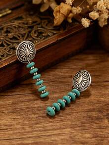 1 Pair Bohemian Style Sunflower Earrings, Long Synthetic Turquoise Beaded Earrings - Silver - View 4