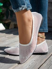Giày sandal bệt nữ xỏ chân, thiết kế mũi nhọn lưới rỗng đơn giản phong cách casual, giày thuyền lưới bệt màu trắng, kiểu mũi nhọn, đi du lịch, hằng ngày - trắng - Xem 4