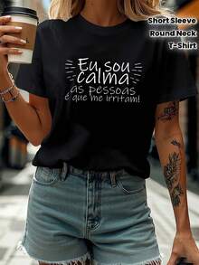 1 pieza Portugués: Estoy tranquilo, ¡son las personas las que me irritan!Estoy muy tranquila; son los demás los que me enfurecen. Camiseta de mujer con estampado de texto, cuello redondo, para primavera-verano, manga corta, 180g, 100% algodón. - Negro - Ver 7