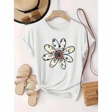Camiseta de algodón de manga corta para mujer, con estampado floral de margaritas, suave y transpirable, cuello redondo, ideal para vacaciones de verano y atuendo de playa. - Blanco - Ver 5