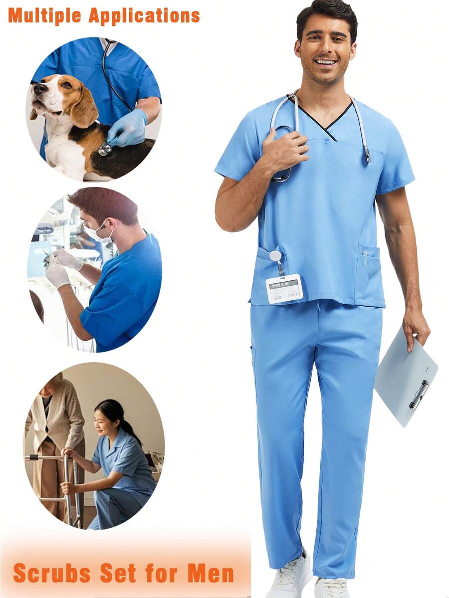 Men's V-Neck Nurse Scrub Top And Pants Work Uniform With Elastic Waistband And 8 Pockets - Mint Blue - View 1