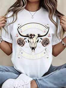 Beautiful Disaster T Shirt White Crew Neck Graphic Print With Bull Skull And Roses Design - trắng - Xem 1