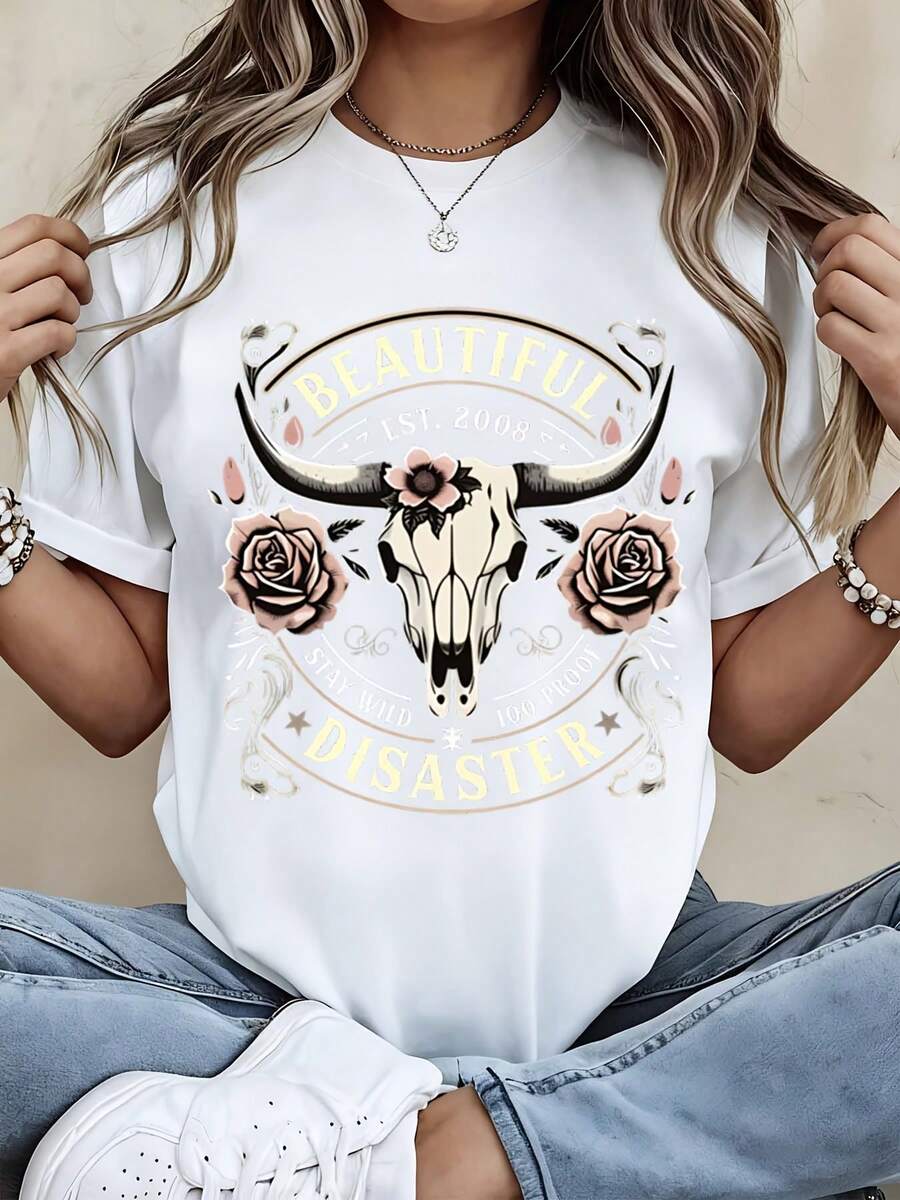Beautiful Disaster T Shirt White Crew Neck Graphic Print With Bull Skull And Roses Design - trắng - Xem 1