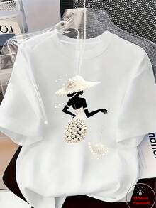 Elegant And Luxurious High-End Outfit With A Touch Of Temperament - Women's Printed T-Shirt - Feminine Design Adorned With Pearls And Crystals | Lightweight Luxury, Gorgeous Everyday Wear | Soft And Breathable Fabric, Casual Spring/Summer Round Neck Short Sleeve T-Shirt - 白色 7 - 查看 1