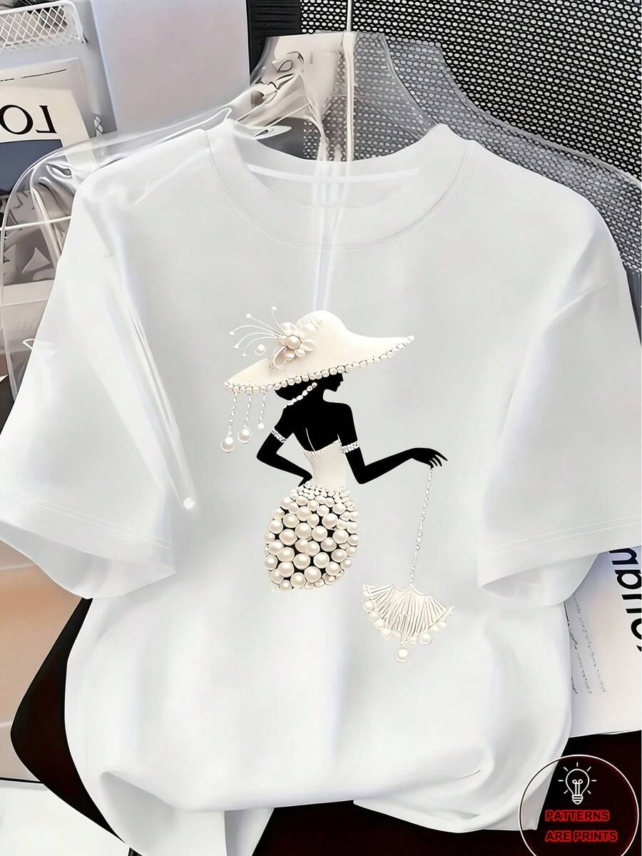 Elegant And Luxurious High-End Outfit With A Touch Of Temperament - Women's Printed T-Shirt - Feminine Design Adorned With Pearls And Crystals | Lightweight Luxury, Gorgeous Everyday Wear | Soft And Breathable Fabric, Casual Spring/Summer Round Neck Short Sleeve T-Shirt - 白色 7 - 查看 1
