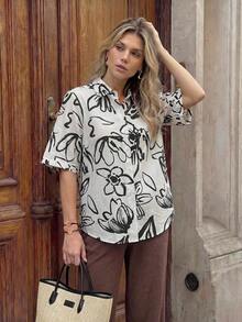 Camisa casual de mujer con estampado floral y manga corta - Blanco y Negro - Ver 4