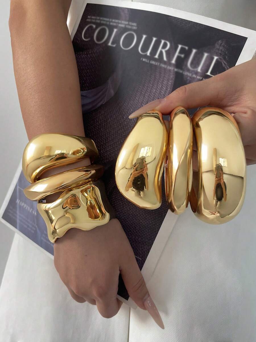 Set de 3 brazaletes únicos, brazaletes anchos de color dorado, brazaletes de estilo elegante y lujoso para mujeres - Amarillo Oro - Ver 1