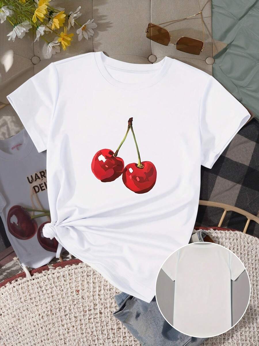 Camiseta Deportiva Casual para Mujer - Camiseta Blanca con Gráfico Digital de Cerezas y Dobladillo Atado, Elástica y de Cuello Redondo, Lavable aáquina, Ajuste Cómodo para Todas las Estaciones, para tu Estilo Diario. - Blanco - Ver 1