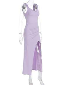 Elegant Sleeveless Dress With Open Back, Ties, Fitted And European Style Slit For Summer - Purple - View 4