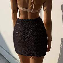 2024  mujeres de punto ahueca hacia fuera la falda de Color sólido Sexy playa protector solar Vestido corto traje de baño encubrimientos falda Sarong - Negro - Ver 2