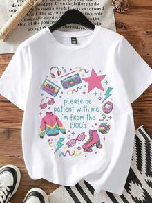 ropa de mujer Camiseta con gráficos y texto temáticos de los 90 Por favor, sean pacientes conmigo, soy del siglo XX. Para entusiastas de la moda casual y retro, camisas de mujer - Blanco - Ver 3