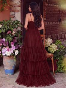 Faeriesty Elegant Layered Mesh Ruffle Hem Dress, Spaghetti Strap V-Neck, Graceful Spring/Summer Wear Suitable For Wedding Guests, Formal Events, Prom, Bridesmaids, Dates - 酒紅色 - 查看 2