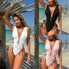Traje de baño de una pieza sexy con tiras ajustables, color sólido y espalda descubierta. - Blanco - Ver 2