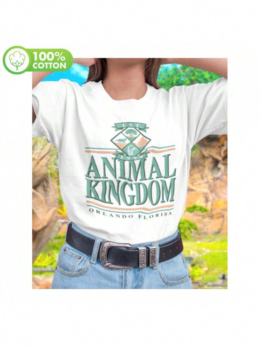 Camiseta de Mujer con Estampado Temático del Reino Animal de Orlando, Florida - Camiseta casual de manga corta y cuello redondo con estampado de letras brillantes, elasticidad media y lavable a máquina - Adecuada para entusiastas de los parques temáticos, camiseta ideal para viajes, corte holgado, opaca - Cómoda para todas las estaciones. - Blanco - Ver 1