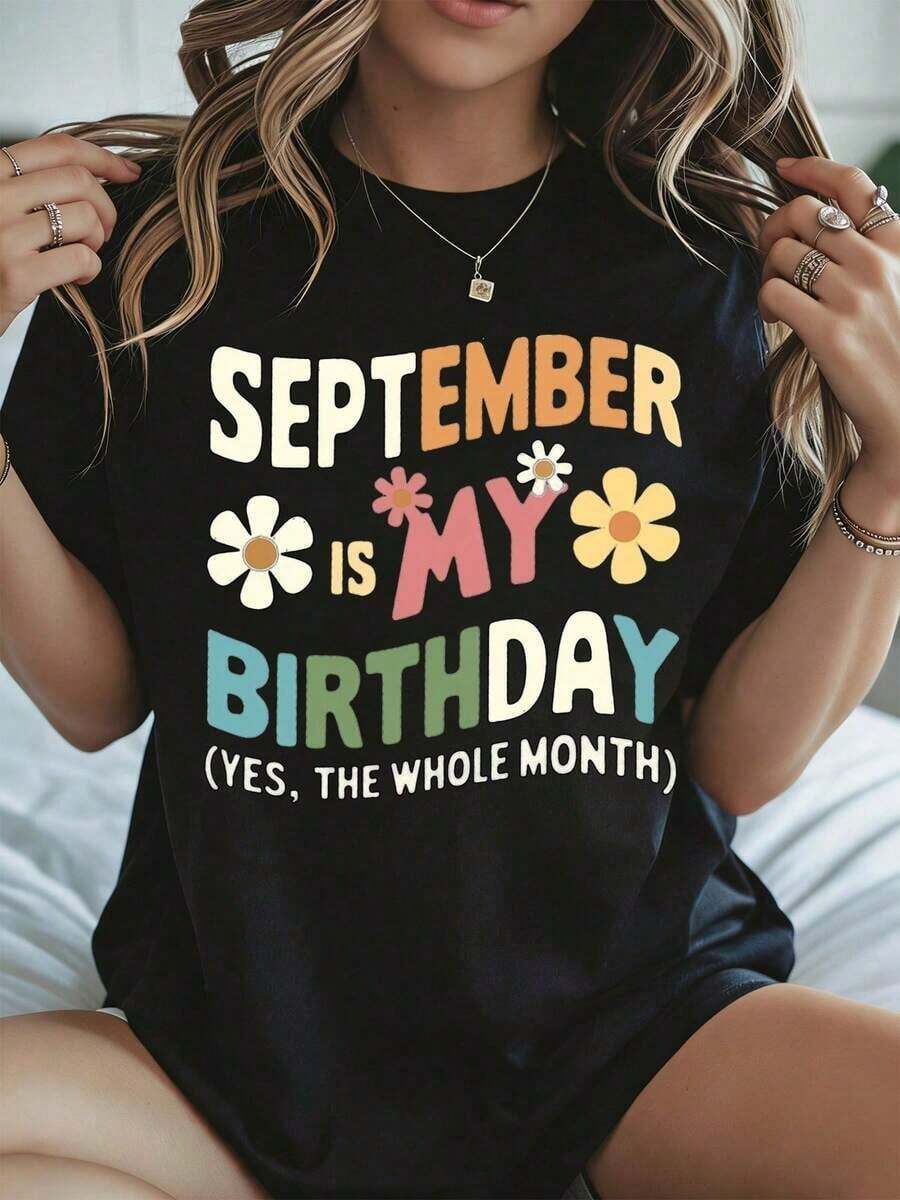 Elegante y casual para mujer, manga corta, linda camiseta con estampado floral para cumpleaños de septiembre, ropa casual blanca para mujer, primavera verano. - Negro - Ver 1