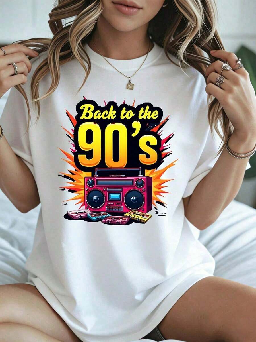 Elegante y casual para mujer, manga corta, camiseta "Regreso a los 90s" con estampado de boombox retro y cinta de casete para fiesta de Halloween, ropa casual blanca para mujer, otoño invierno. - Blanco - Ver 1