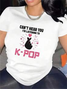 Camiseta Gráfica Negra de K-Pop para Mujer - Diseño "No te escucho, estoy escuchando K-Pop", con corazones y ondas sonoras, de algodón puro ligero y transpirable, cuello redondo informal, adecuada para uso casual, camiseta de K-Pop. Ropa Hombre Cosas Para Hombre Ropa De Mujer Women Clothing Casual Blusas Bonito - Blanco - Ver 1