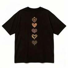 Camiseta de manga corta con estampado de corazones para mujer: cuello redondo, corte holgado, tela de grosor moderado, transpirable y no sofocante, versátil para el día a día. - Negro - Ver 6