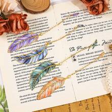 6/1pc Vintage Feather Shaped Metal Bookmarks With Pendant, Ideal For Readers, Writers And Teachers - Perfect For Marking Reading Pages And A Great Gift For Book Lovers | Decorative Bookmarks | Durable Metal Markers, Reading Bookmarks, Feather Crafts, Hat Decoration, Book Bookmarks, Book Accessories - A - View 1
