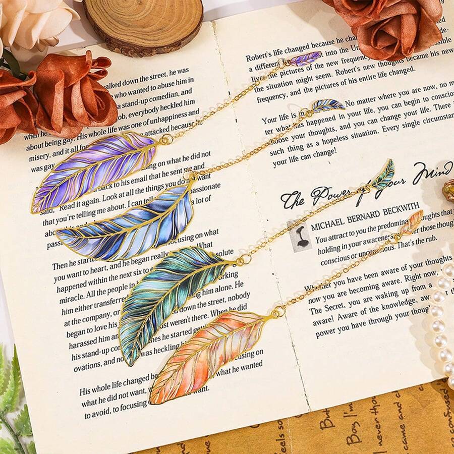6/1pc Vintage Feather Shaped Metal Bookmarks With Pendant, Ideal For Readers, Writers And Teachers - Perfect For Marking Reading Pages And A Great Gift For Book Lovers | Decorative Bookmarks | Durable Metal Markers, Reading Bookmarks, Feather Crafts, Hat Decoration, Book Bookmarks, Book Accessories - A - View 1