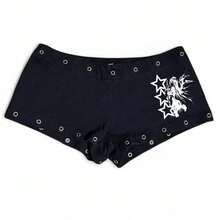 Moda femenina emo, ropa casual negra con estampado de uñas, estilo Y2K, sexy, ajustada, versátil, de cintura baja, gótica, hip-hop, estilo urbano - Ey - Ver 1