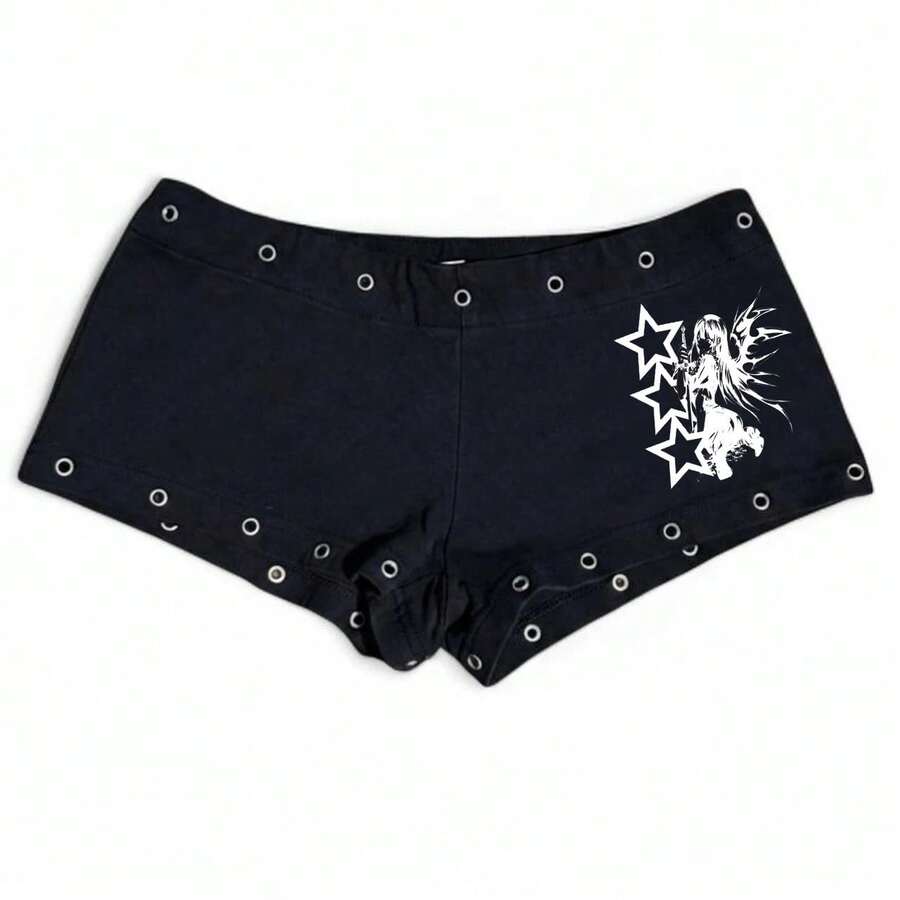 Moda femenina emo, ropa casual negra con estampado de uñas, estilo Y2K, sexy, ajustada, versátil, de cintura baja, gótica, hip-hop, estilo urbano - Ey - Ver 1