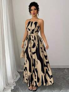 Vestido de línea A con estampado gráfico en blanco y negro, con hombros abiertos, nudo retorcido y escote de halter, elegante para primavera/verano de las mujeres - Caqui - Ver 1