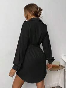 Vestido camisero fruncido de hombros caídos - Negro - Ver 2