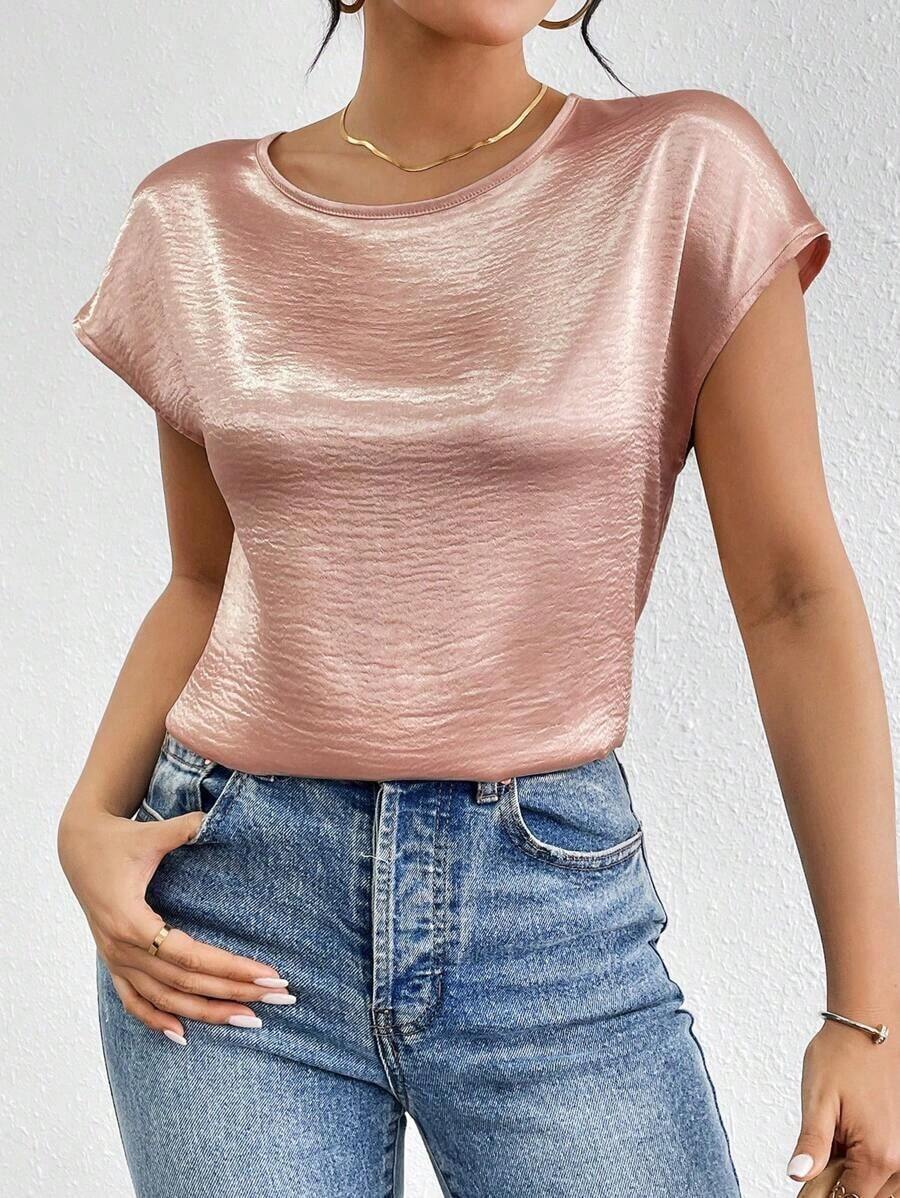 holgada y elegante casual con detalles metálicos en los hombros, blusa plisada de satén sólido de manga tipo murciélago para mujeres - Rosa - Ver 1