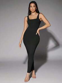 Vestido de tirantes de cuello redondo liso - Negro - Ver 5