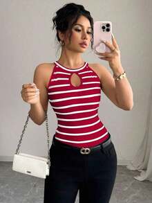 Camiseta ajustada y sexy con diseño hueco y cuello halter a rayas para mujeres - Multicolor - Ver 1