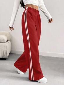 Pantalones informales de mujer con pierna suelta y efecto de contraste de color, para primavera/verano - Rojo - Ver 3