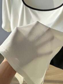 Set de 2 camisetas casuales de mujer con cuello cuadrado y manga corta, ajustadas y sexys, adecuadas para el verano - Blanco y Negro 2 - Ver 6