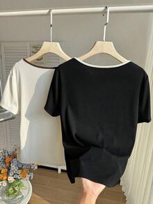 Set de 2 camisetas casuales de mujer con cuello cuadrado y manga corta, ajustadas y sexys, adecuadas para el verano - Multicolor 4 - Ver 2