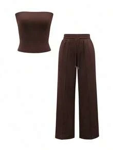 Conjunto de 2 piezas de ropa de otoño Vaiaye: Top corto ajustado y sexy sin tirantes, camiseta básica de unicolor elástica y ajustada, top tipo bandeau para yoga; Conjunto de pantalones para primavera/verano - Marrón - Ver 3