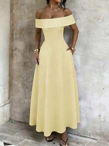 Vestido de mujer de unicolor con hombros descubiertos, nuevo vestido largo elegante y ajustado sin espalda para fiestas, uso diario y citas - Amarillo - Ver 6