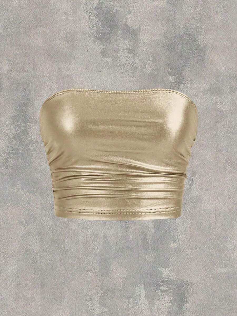 Top sin tirantes negro de punto para mujer, top liso negro casual con pliegues y ajustado para mujer, uso diario casual de primavera/verano - Champán - Ver 1