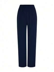 Conjunto de uniforme de pijama de unicolor con parches, cuello en V y manga corta - Azul marino 4 - Ver 5