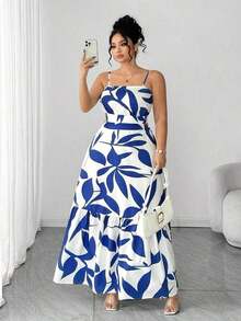 Vestido elegante de mujer talla grande con tirantes finos, cintura fruncida y diseño evasé, con estampado de hojas de dos colores, diseño evasé estilizador, elegante y sofisticado, adecuado para volver al colegio, graduación, San Valentín, festiva - Morado - Ver 5