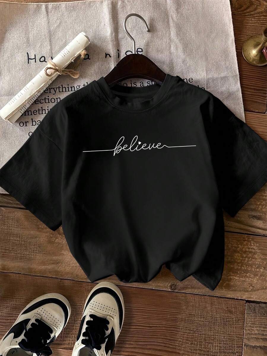 Camiseta de manga corta con estampado de letras para primavera/verano, cuello redondo casual, talla estándar, ropa de mujer