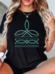Camiseta Y2K bohemia occidental para mujer con estampado de hongos turquesa - Top casual de manga corta y cuello redondo con diseño bohemio azul verdoso y turquesa, confeccionada en tela ligera y transpirable, adecuada para primavera y otoño, un imprescindible para siempre - [Negro] - Ver 1