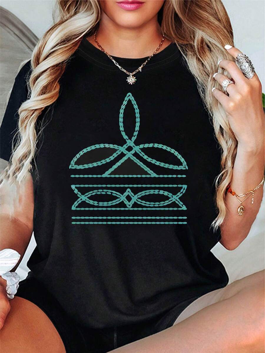 Camiseta Y2K bohemia occidental para mujer con estampado de hongos turquesa - Top casual de manga corta y cuello redondo con diseño bohemio azul verdoso y turquesa, confeccionada en tela ligera y transpirable, adecuada para primavera y otoño, un imprescindible para siempre - [Negro] - Ver 1