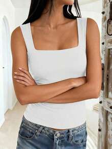 Camiseta sin mangas ajustada de unicolor con cuello cuadrado para mujer , Chaleco de unicolor minimalista y retro, Camiseta de punto sin espalda de moda de verano, Versátil y casual, Adecuado para el trabajo y el transporte - Blanco - Ver 10