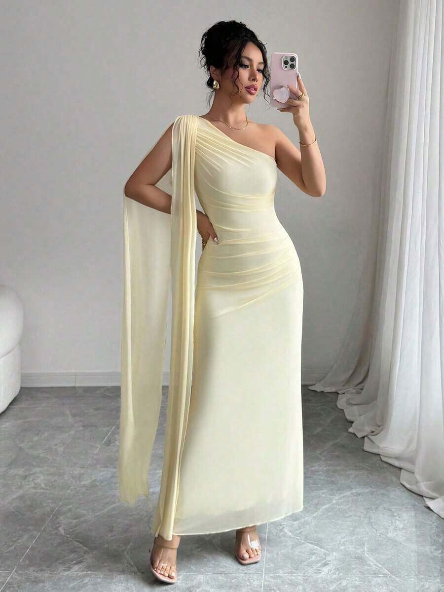 Vestido largo ajustado de mujer de color amarillo claro, moda para primavera/verano - Amarillo - Ver 1