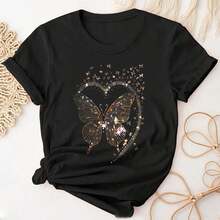 Versatile Crew Neck Graphic Print Cotton T-Shirt, Suitable For Streetwear, Everyday Wear, Y2K/Crop Top Style, Outdoor Activities, Camping, Concerts, And Hip-Hop, Rock, And Rap Events. Available In Black And White With Butterfly, Heart, And Glitter Star Designs. Casual Wear, Loose-Fitting Oversized Short-Sleeve Tees For Spring,  Summer Basics, And A Great Gift For Women. - 黑色 - 查看 2